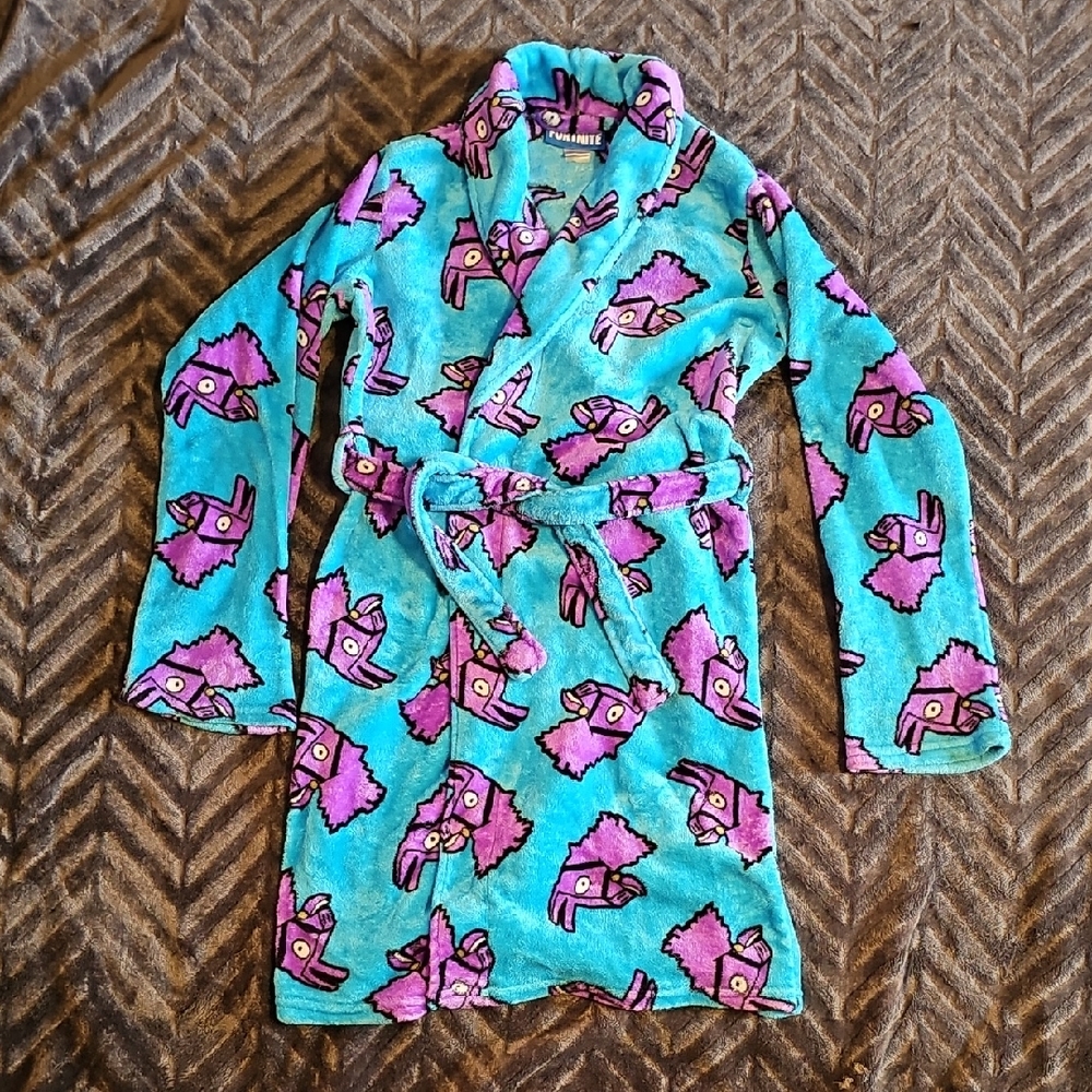 Kids Plush Robe with Purple Llama Print - Aqua